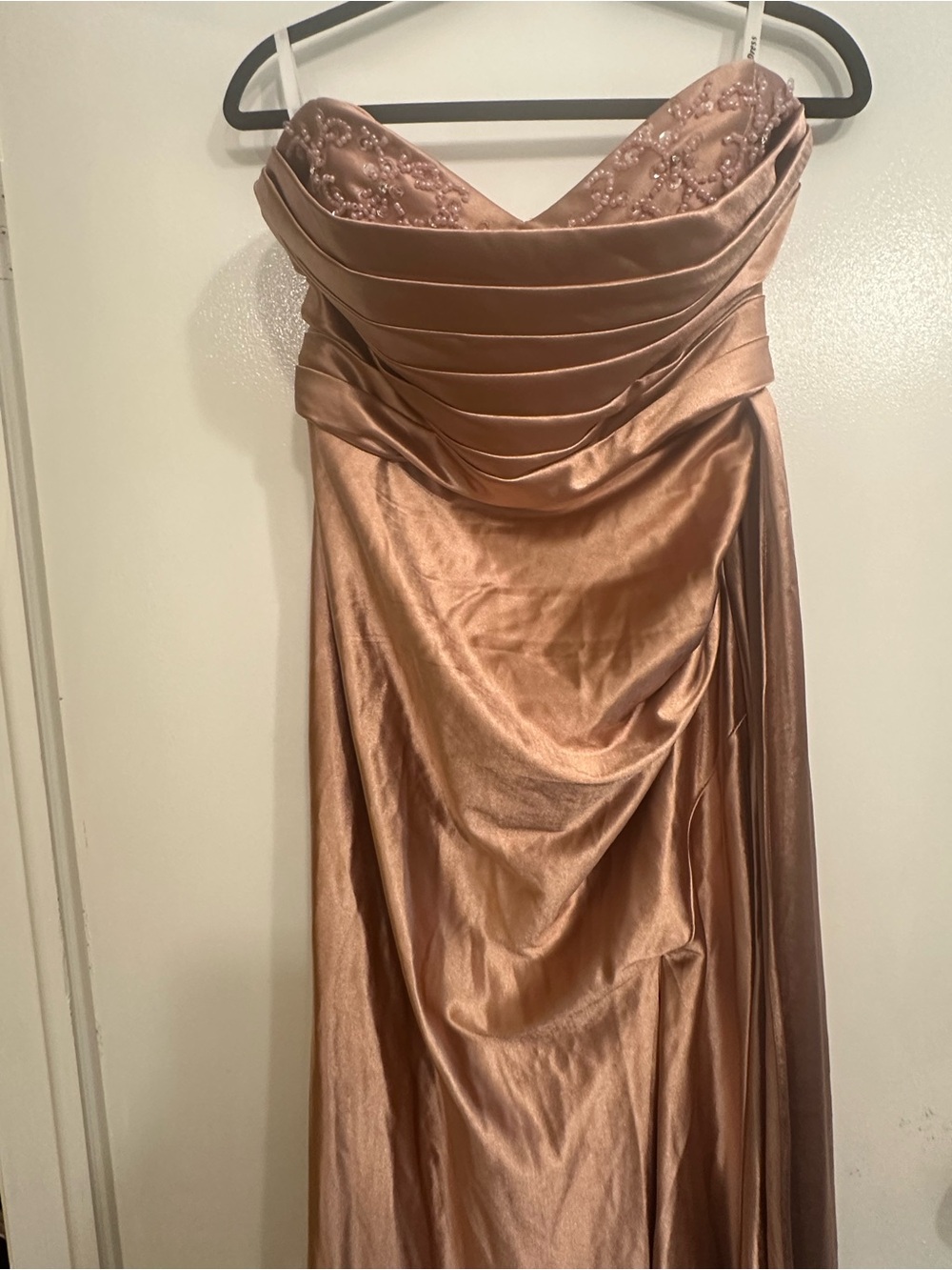 Strapless Metallic Rose Gold Evening Dress